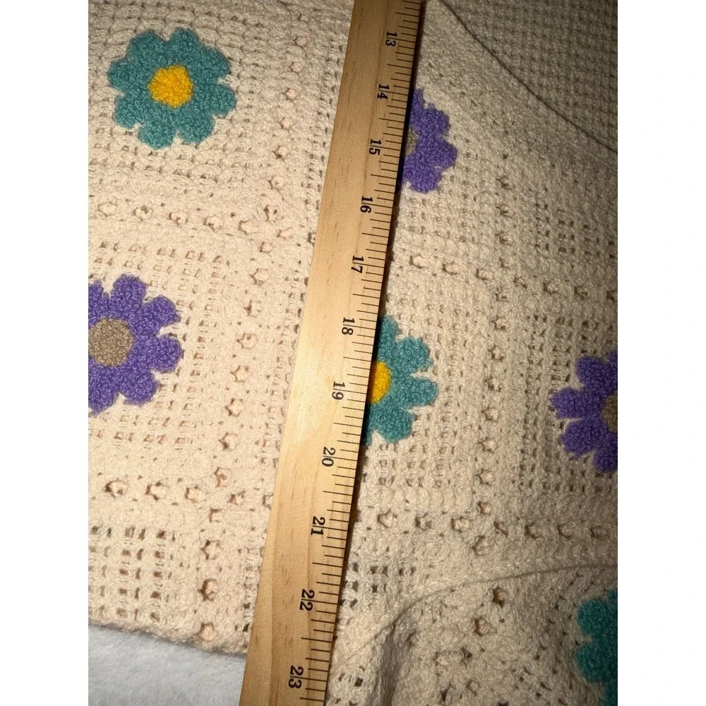 SO Goods For Life Floral Crochet Cardigan Sweater Cream Purple Teal Womens Small